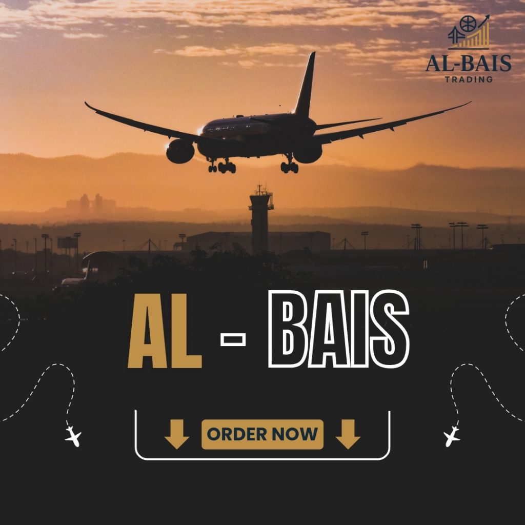 “Al-Bais Trading brand banner featuring an airplane landing at sunset with Order Now call to action”